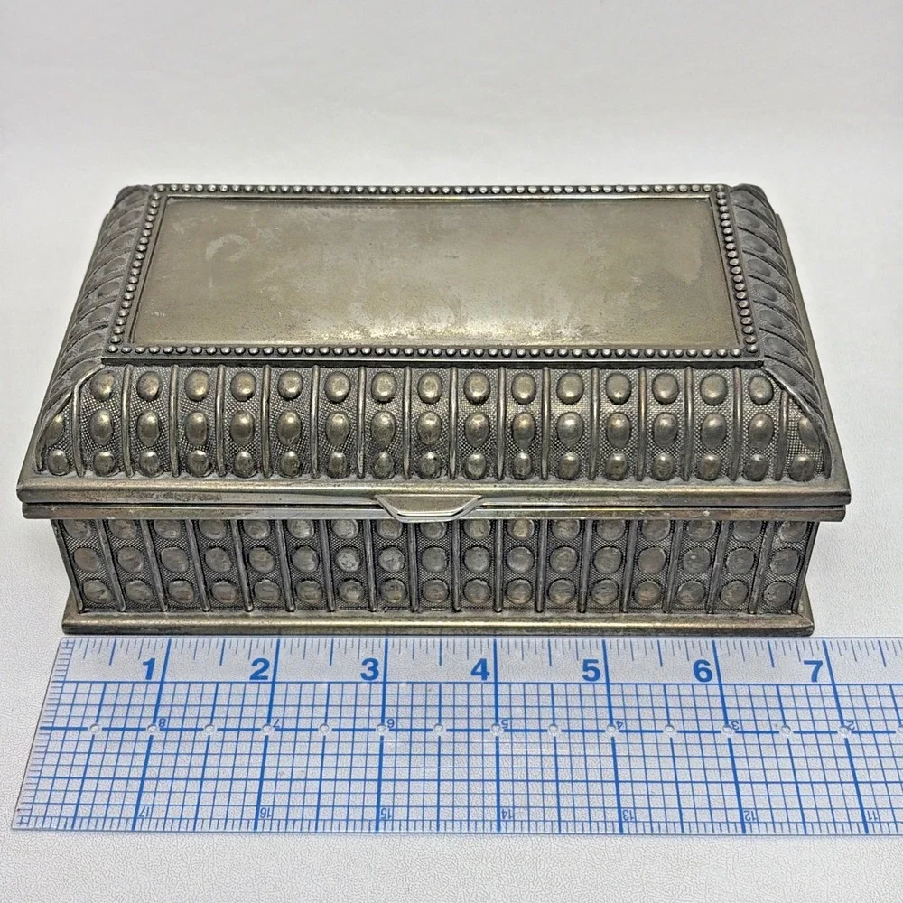 Vintage Sheridan Silver Jewelry Trinket Box MCM Blue Velvet Old Money Hobnail